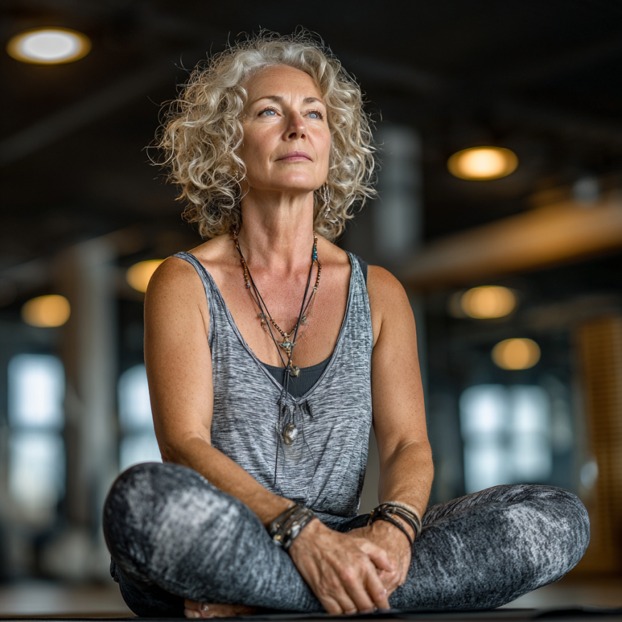 Възрастна жена прави йога на открито